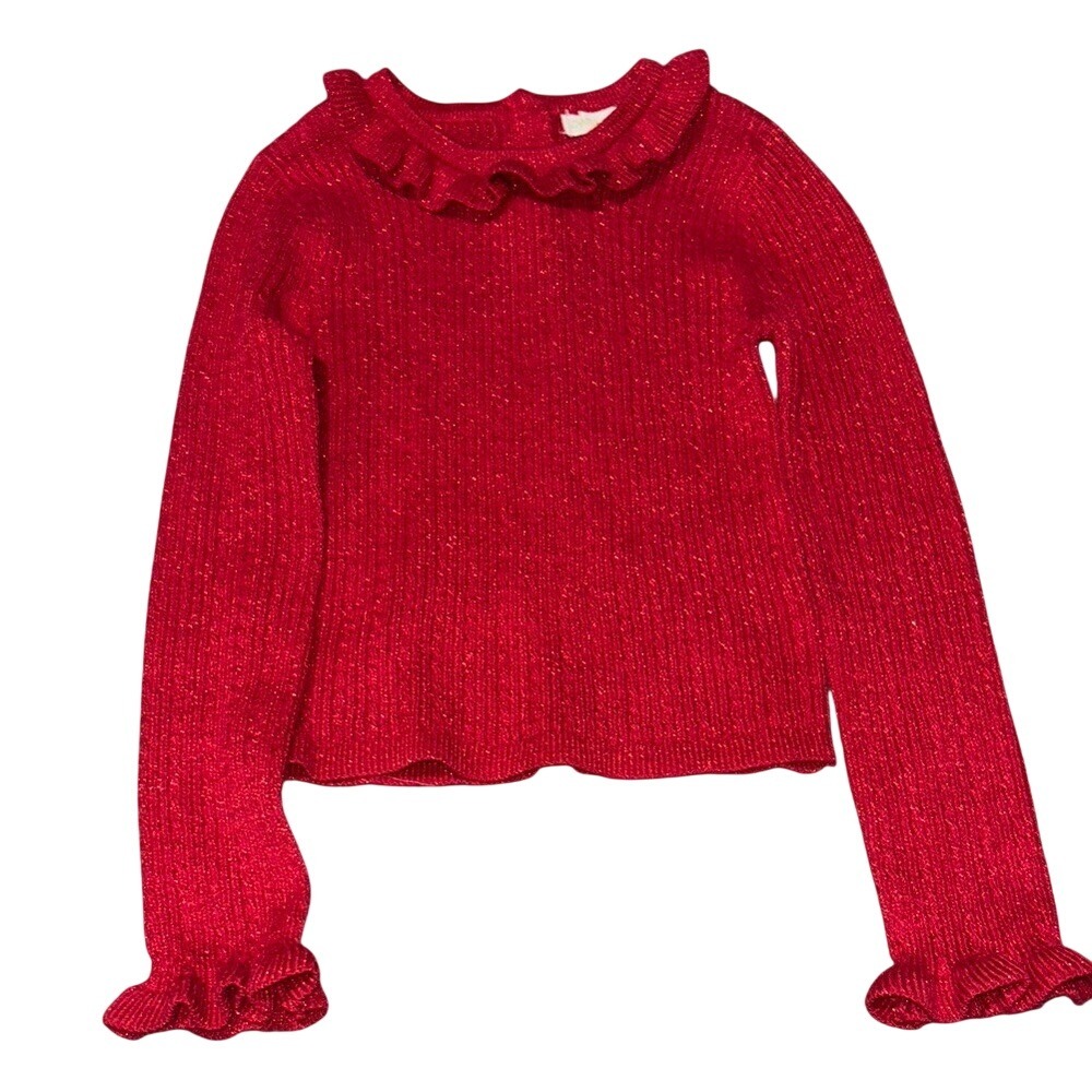 Cynthia Rowley Kids Girls Red Shimmer Ribbed Ruffle Knit Sweater Size XS 4